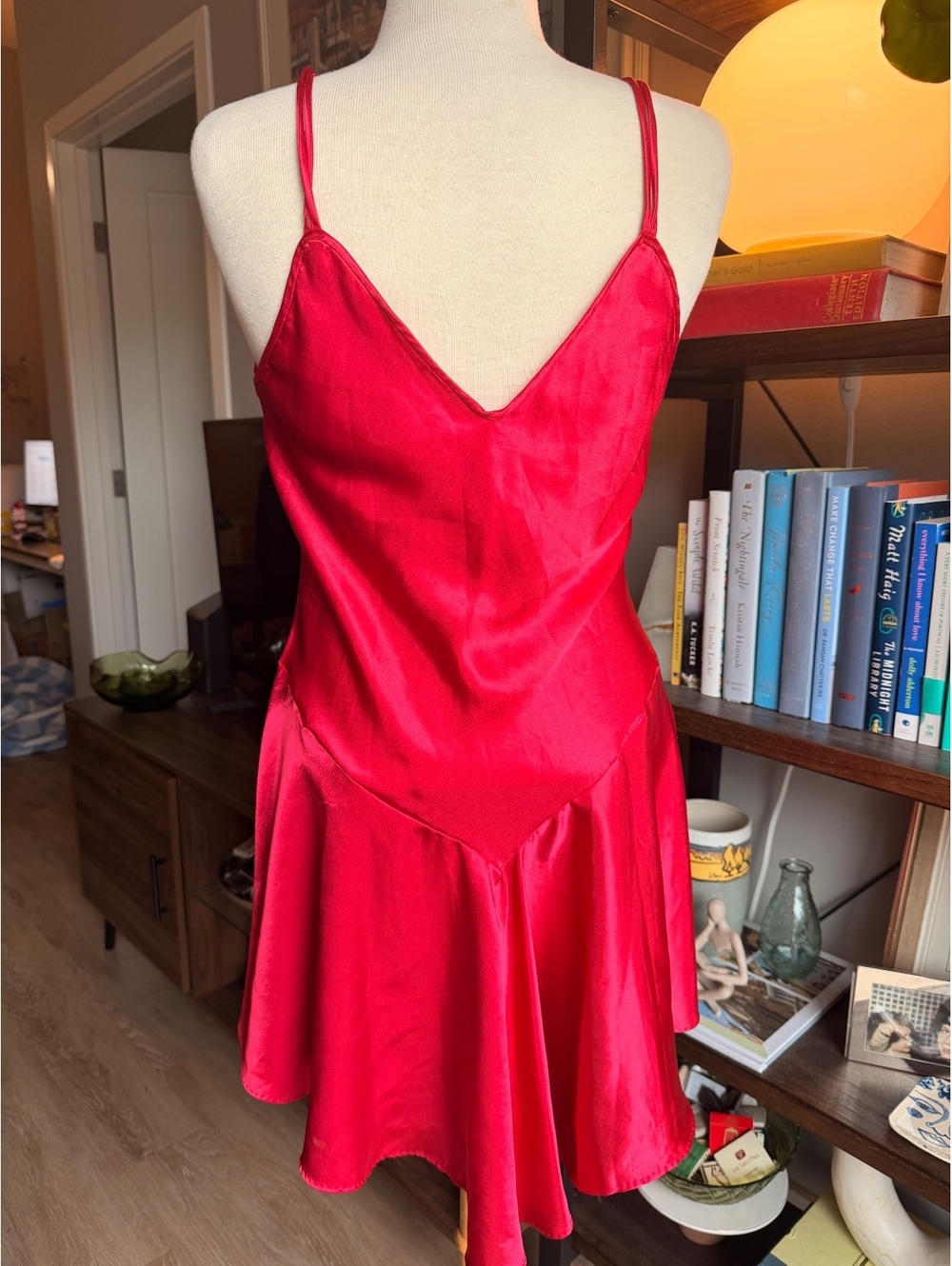 Vintage 80s/90s Cinema Etoile Red Satin Slip Dress Drop Waist Flared Hem Size M - Picture 3 of 4